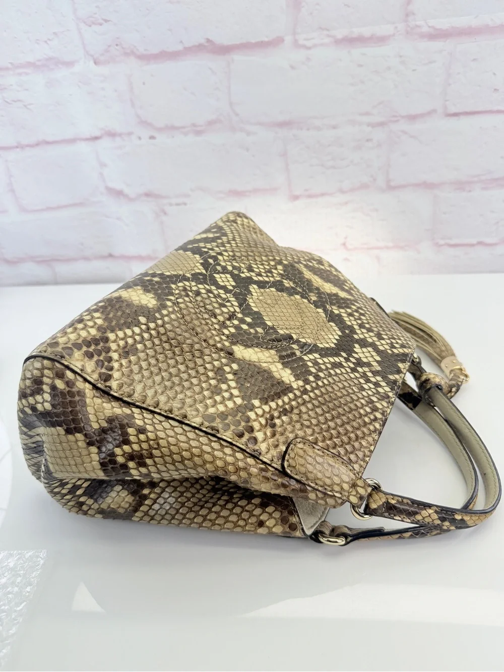 Gucci Rare SoHo Python-Print Top Handle Tote in Beige and Brown